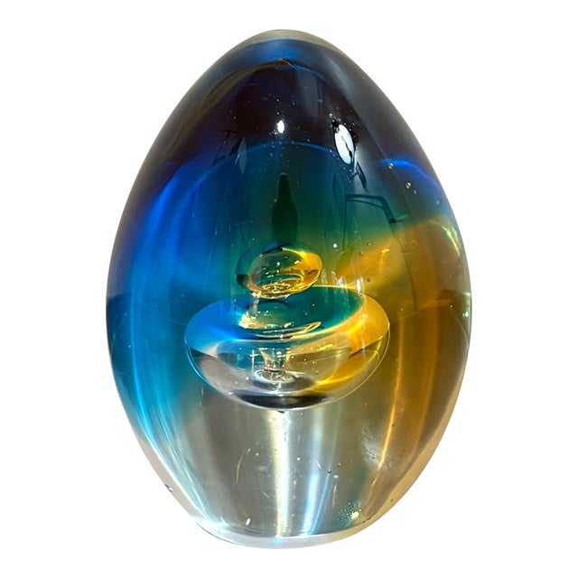 Murano-Style Blue/Yellow Egg Glass Paper Weight For Sale