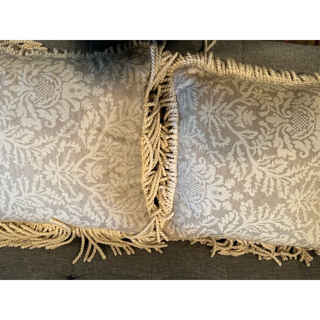 2020s Beige and Ivory Linen and Cotton Damask Pillows With Cord Tassel Trim- a Pair For Sale - Image 5 of 6