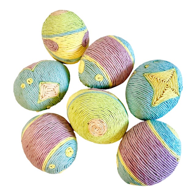 1980s Vintage Boho Chic Arts & Crafts Paper Cord Wrapped Easter Eggs - Set of 7. For Sale
