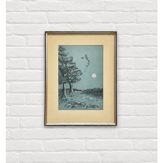 Glass Mid Century Blue Landscape Painting | Framed Original Artwork For Sale - Image 7 of 9