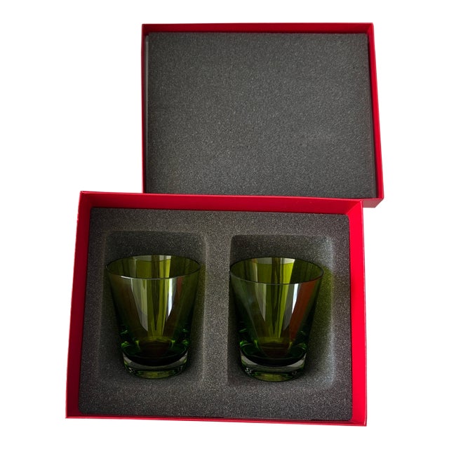 Pair of Green Crystal Tumblers by Baccarat With Original Box For Sale