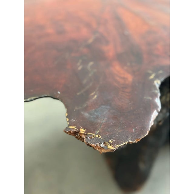 W43.5 D23 H15 Vintage red wood coffee table featuring a free-form top with a live edge. This live edge captures the...