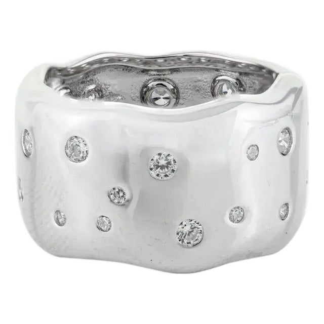 Carat&Her Molten Silver Scatter Ring, Wide Cigar Band With Cz Studded Size 7 For Sale