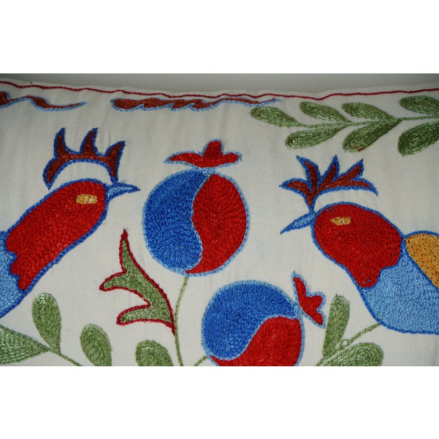 Hand Embroidered Suzani Pillow Cover – Bird & Pomegranate Design, 16'' X 35'' For Sale - Image 4 of 5