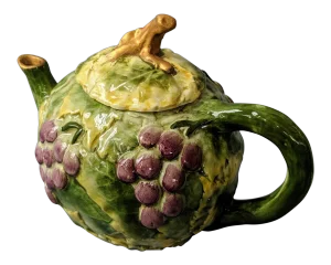 Vintage 1970s Italian Green, Gold, and Purple Grape and Grape Leaf Motif Decorative Tea Pot