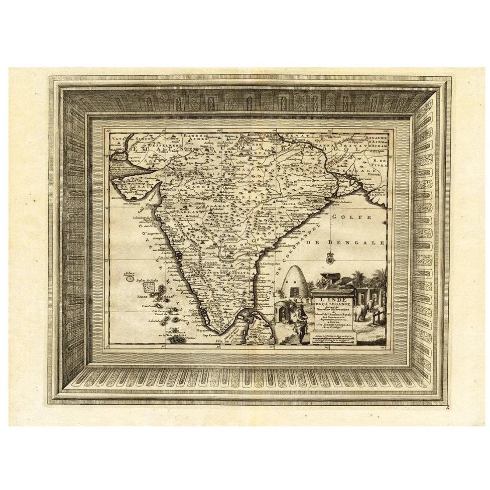 Antique Engraved Map of India with Elephants in the Cartouche, 1725 ...