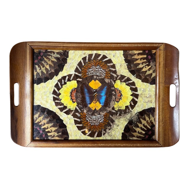 Vintage Mid Century Brazilian Butterfly Inlaid Wood Tray For Sale