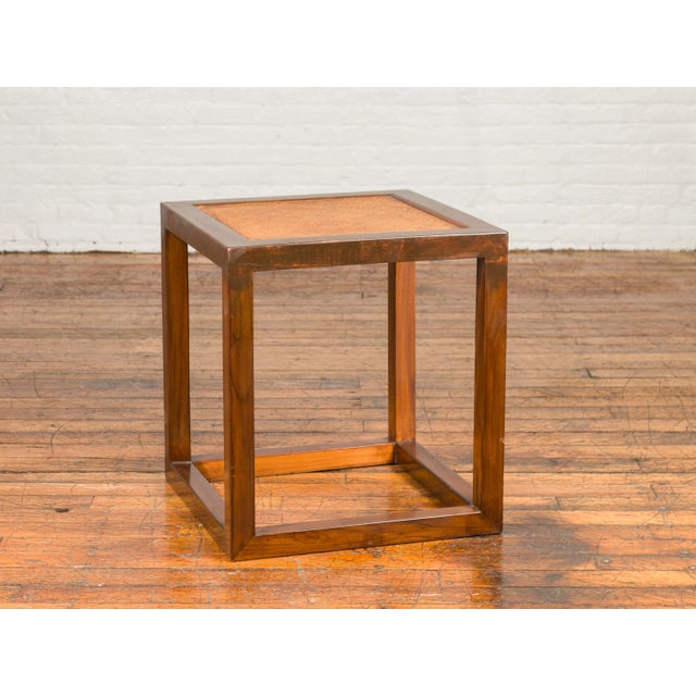 Chinese Vintage Cubic Side Table with Rattan Top, Straight Legs and Stretchers For Sale - Image 4 of 11