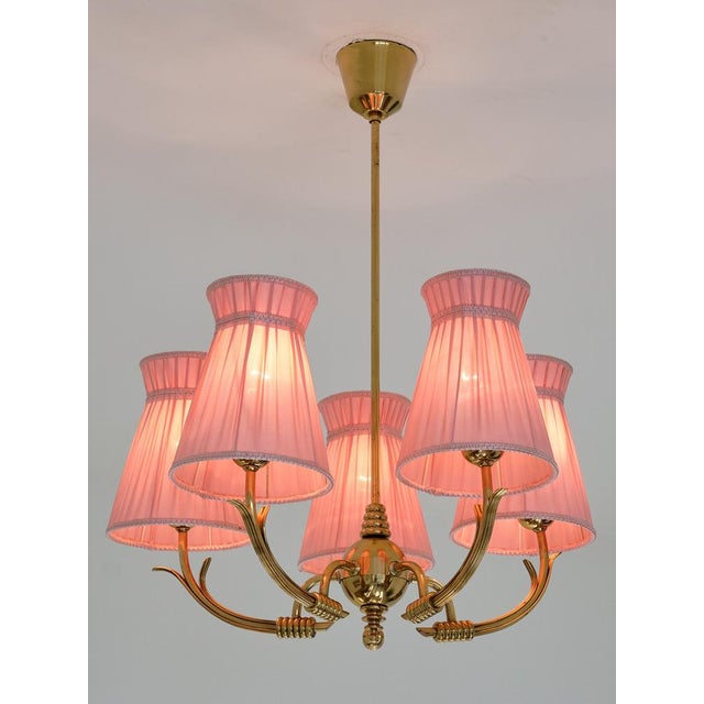 Vintage Swedish Five-Arm Brass Chandelier with Pink Shades, 1940s For Sale - Image 9 of 13
