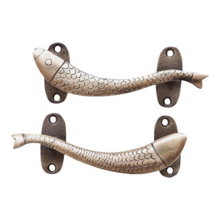 Antiqued Brass Fish Cabinet Pulls, a Pair For Sale