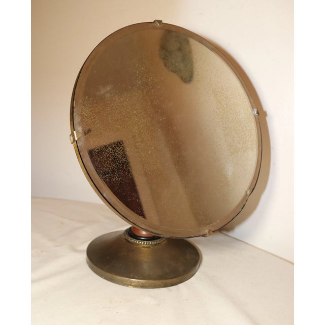 Large Antique Brass Teak Wood Circular Industrial Style Vanity Bathroom Mirror For Sale - Image 9 of 10