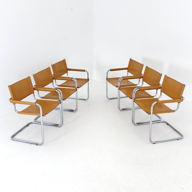 Mid-Century Modern Bauhaus Leather B34 Armchairs by Mart Stam & Marcel Breuer for Fasem, Italy, 1985, Set of 6 For Sale - Image 6 of 18