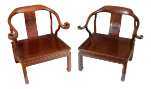 Almost Pair of Rosewood Horseshoe Chairs With Clarence House Fabric