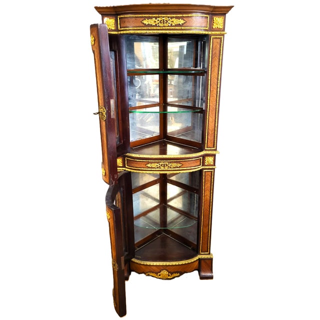 Antique French Bronze Mounted & Inlaid Corner Curio Cabinet Vitrine For Sale - Image 10 of 18