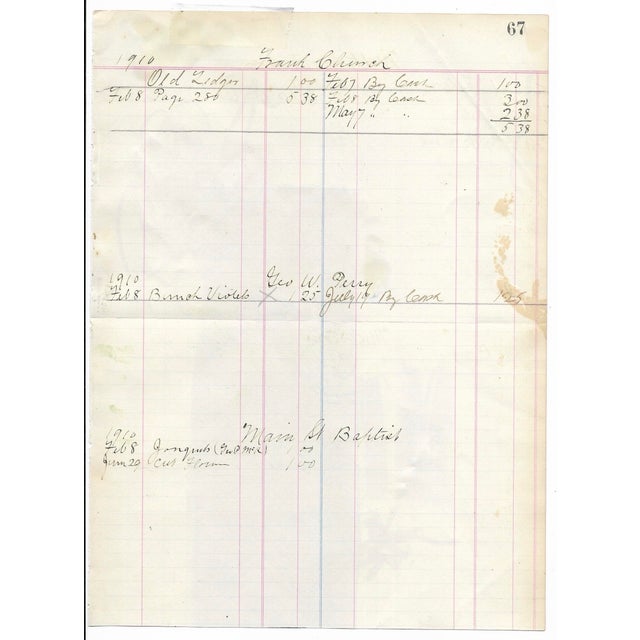 A modern abstract painting in oil pastel, watercolor and acrylic, on a circa 1900 ledger page of a florist. Unsigned....