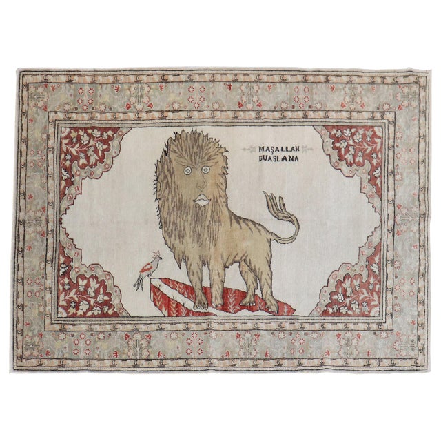 Lion Motif Vintage Turkish White Ground Dowry Rug, 20th Century For Sale - Image 15 of 18
