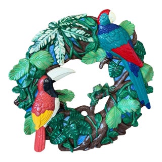 Vintage Tropical Parrot & Toucan Ceramic Wreath Wall Sculpture For Sale