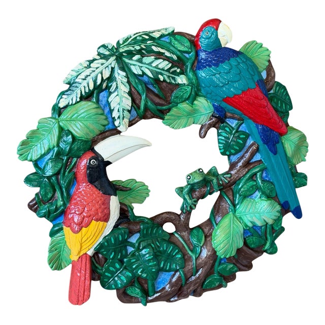 Vintage Tropical Parrot & Toucan Ceramic Wreath Wall Sculpture For Sale