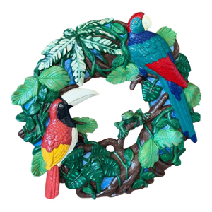 Vintage Tropical Parrot & Toucan Ceramic Wreath Wall Sculpture