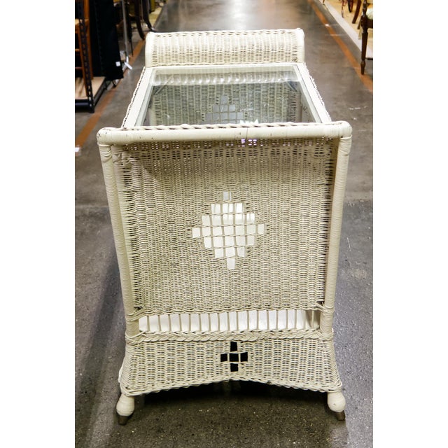 Shabby Chic Off White Wicker Console Table With Glass Top For Sale - Image 3 of 9