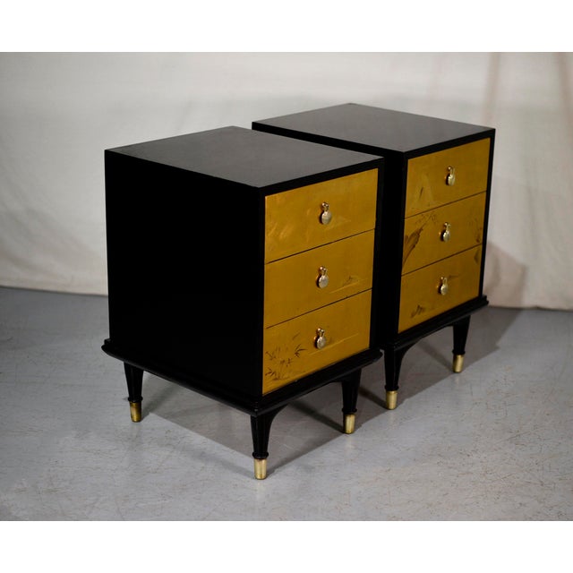 1960s Chinoiserie Hand Painted Gold Leaf Nightstands by Johnson