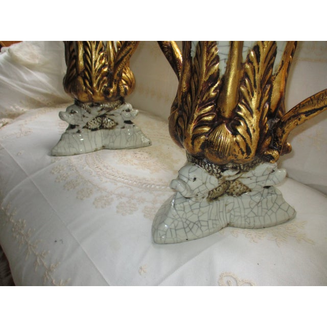 Vintage Italy Dolphin Base & Double Snake Handle Gold & Grey Vases- a Pair For Sale - Image 12 of 13
