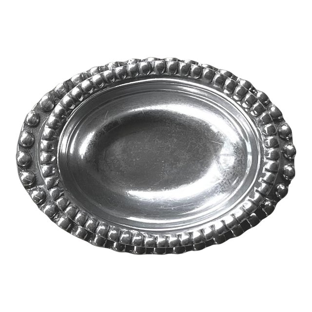 Circa 1980 Beaded Rim Byzantine-Inspired Mexican Pewter Oval Bowl & Underplate Set For Sale