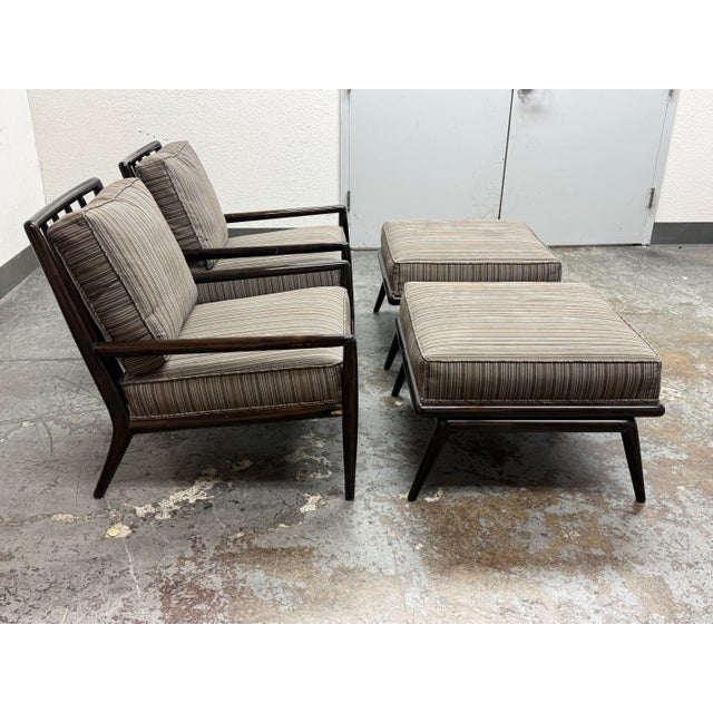 T.H. Robsjohn Gibbings T. H. Robsjohn-Gibbings for Widdicomb Mid 20th Century Lounge Armchairs + Ottomans, Pair For Sale - Image 4 of 12