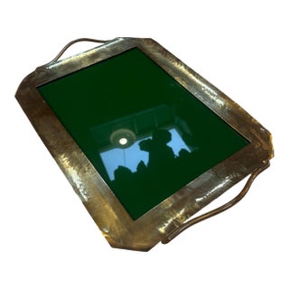 Vintage Brass Tray With Green Glass Insert For Sale