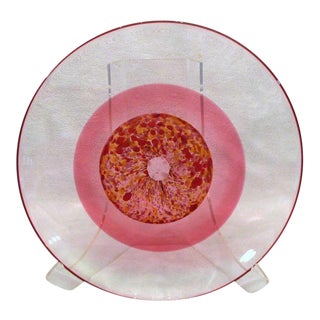 Arne Jon Jutrem Norway Large Modernist Clear & Pink Red Art Glass Bowl Plate For Sale