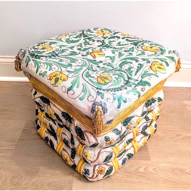 1970s Italian Majolica Stacked Pillows Garden Stool or Ottoman - Trompe l'Oeil Style For Sale - Image 4 of 16