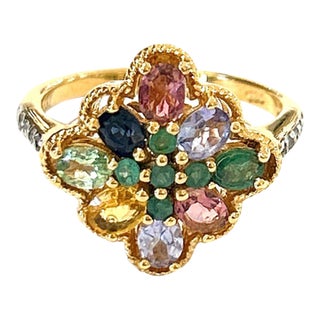 Bochic “Orient” Diamond & Multi Sapphire Vintage Cluster Ring Set 18k & Silver Size 9.5 For Sale