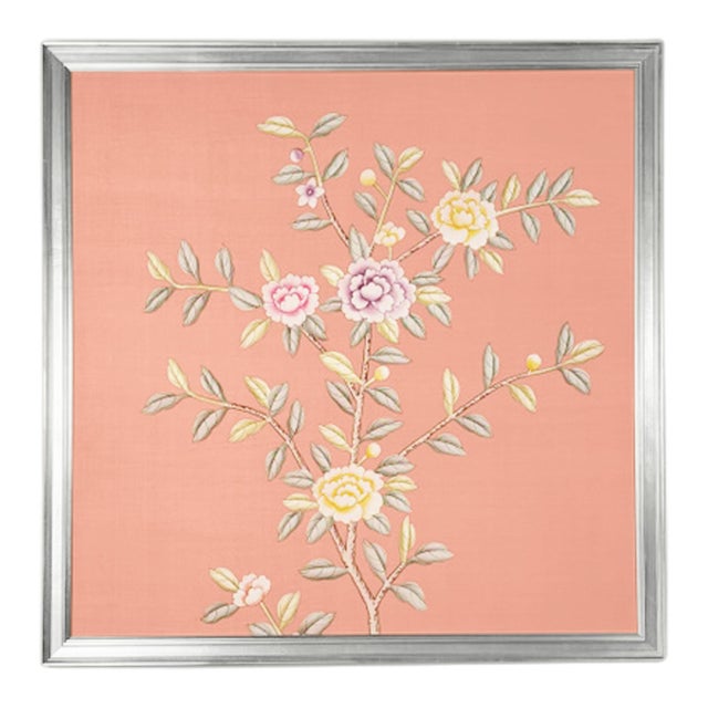 A custom hand-painted chinoiserie panel on dyed pink silk divided and framed as a diptych. In the upper panel, a flowering...