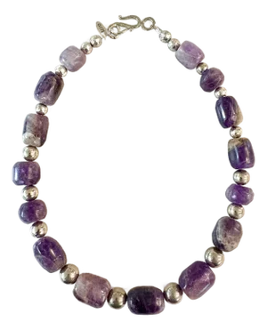 Antique Pre-Columbian Hand Carved Amethyst Beads With Silver Spacers Restrung Necklace
