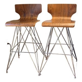 Pair of Vintage "Eiffel Tower" Chrome and Bent Wood Bar Stools For Sale