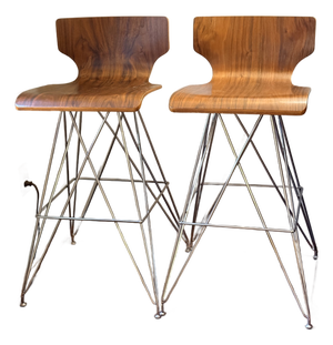 Pair of Vintage "Eiffel Tower" Chrome and Bent Wood Bar Stools