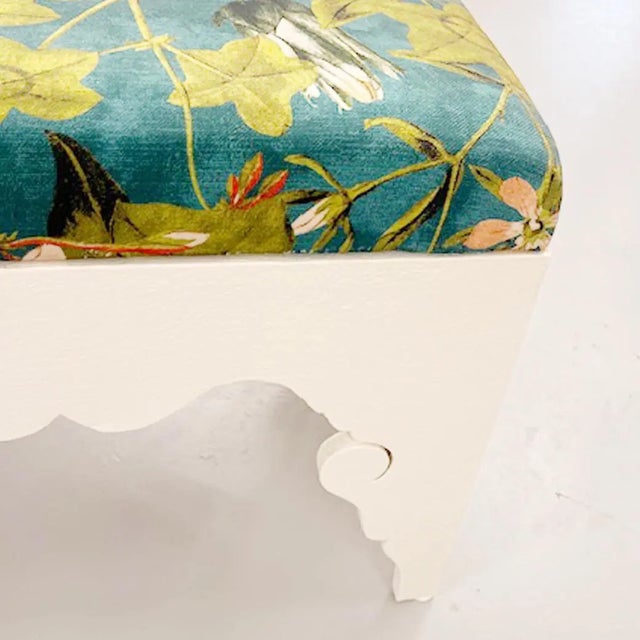 Traditional Custom Upholstered Carved Bench With Passiflora Fabric For Sale - Image 3 of 8