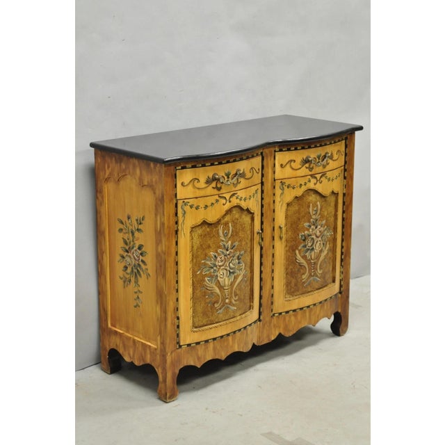 Contemporary French Country Style Marble Top Floral Painted Server Console Storage Cabinet. Circa 21st Century, Pre-owned....