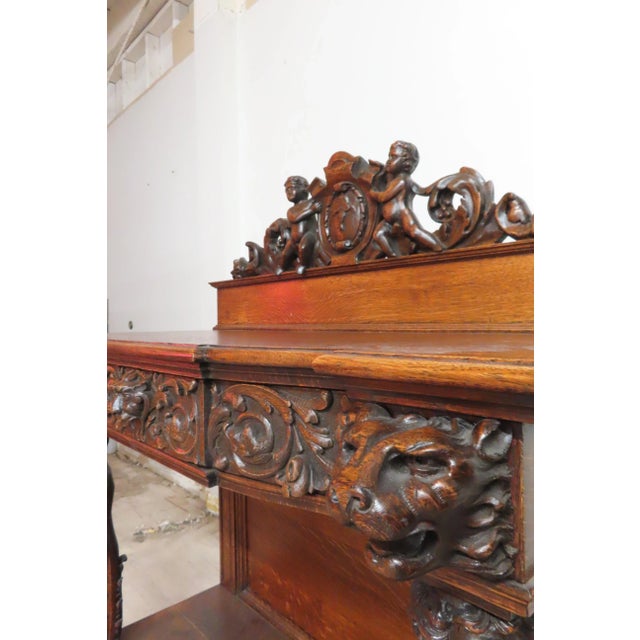 Antique Victorian Horner Carved Oak Sideboard With Fitted Drawer For Sale In Portland, OR - Image 6 of 10