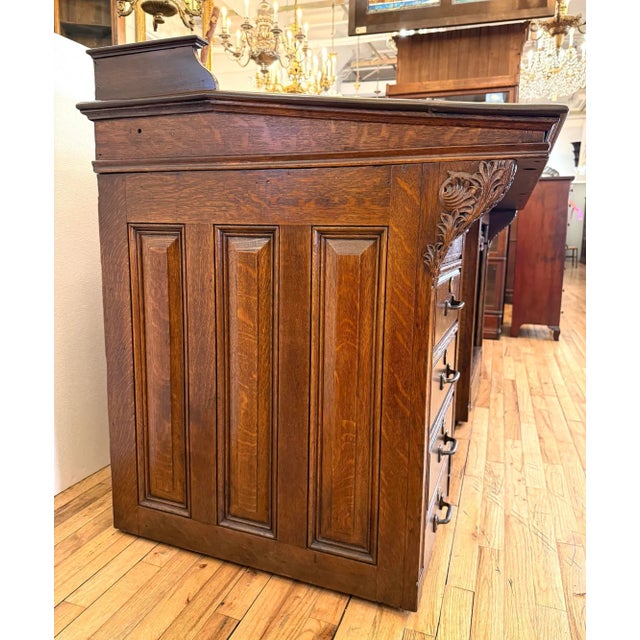 Brown Restored Antique Quarter Sawn Oak Clerks Desk For Sale - Image 8 of 12