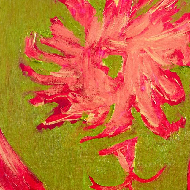 Pink Flower Painting, Original 11x14 Oil and Acrylic, Gold Hot Pink Floral on Olive Green, Modern Botanical Art, Framed Tatiana Duperault For Sale - Image 4 of 4