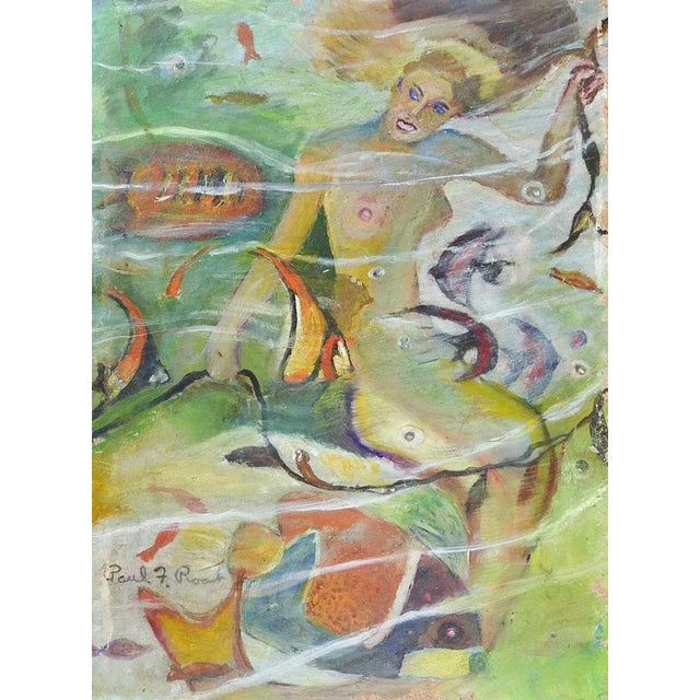 Green Vintage Mid 20th Century Mermaid and Fish Undersea Painting For Sale - Image 8 of 8
