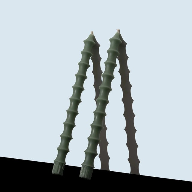 Bamboo Taper Candles in Jasper Green - a Pair For Sale - Image 4 of 4