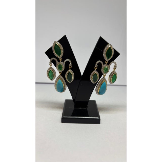 2020s Natural Turquoise, Emerald, & Diamond Earring in 14k Gold For Sale - Image 5 of 8
