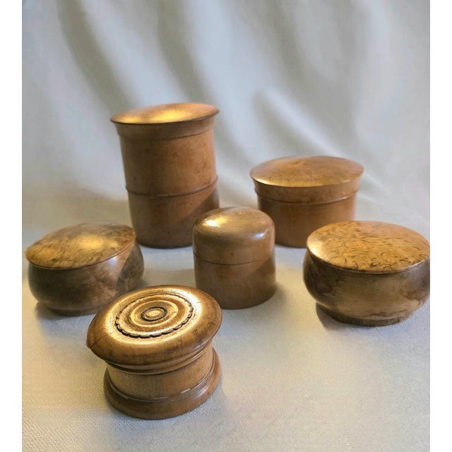 Set of 6 antique (1800s) treen pieces in beech wood. All are in great condition. Sizes vary and are noted in the last image