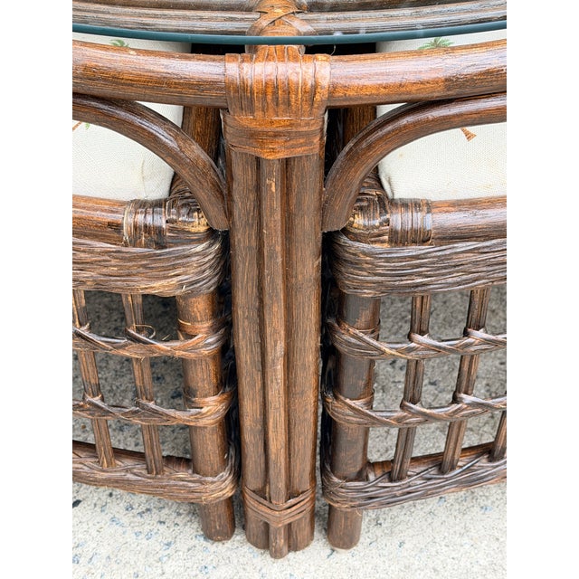 1980s Vintage Rattan Round Glass Top Coffee Game Table With 4 Cushioned Stools For Sale - Image 5 of 12