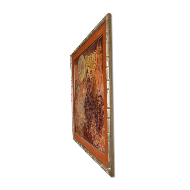 Orange Square Indonesian Burnt Orange and Indigo Figural Batik in Silver Faux Bamboo Frame For Sale - Image 8 of 8