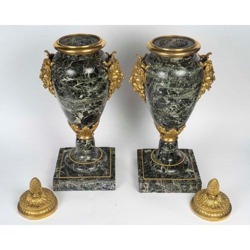 Sea Green Marble and Gilded Bronze Cassolettes, Set of 2 For Sale - Image 10 of 11