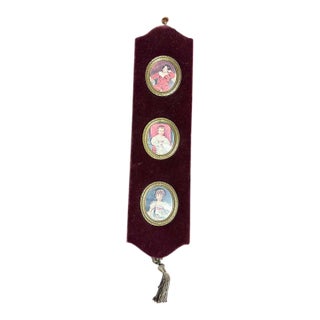 Three Miniature Portraits Velvet Wall Plaque, Vintage For Sale