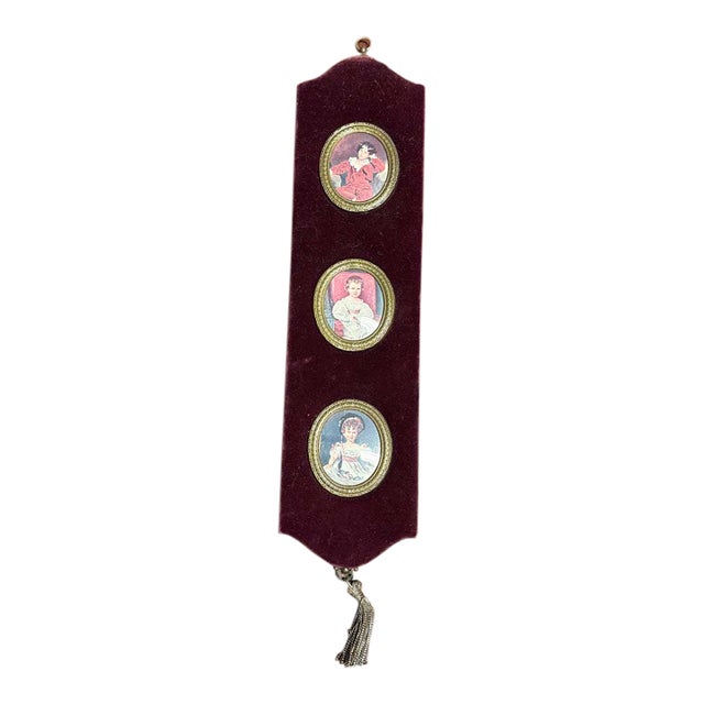 Three Miniature Portraits Velvet Wall Plaque, Vintage For Sale